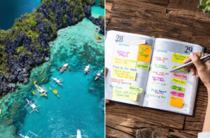 Top view of Coron Islands and a notebook of a person planning for a corporate retreat in Coron, Palawan